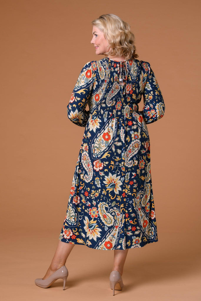 Paisley Shirred Soft Dress Navy-Dresses-Paco