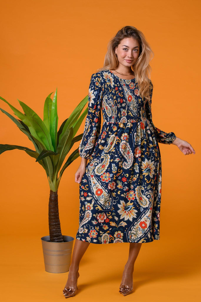 Paisley Shirred Soft Dress Navy-Dresses-Paco