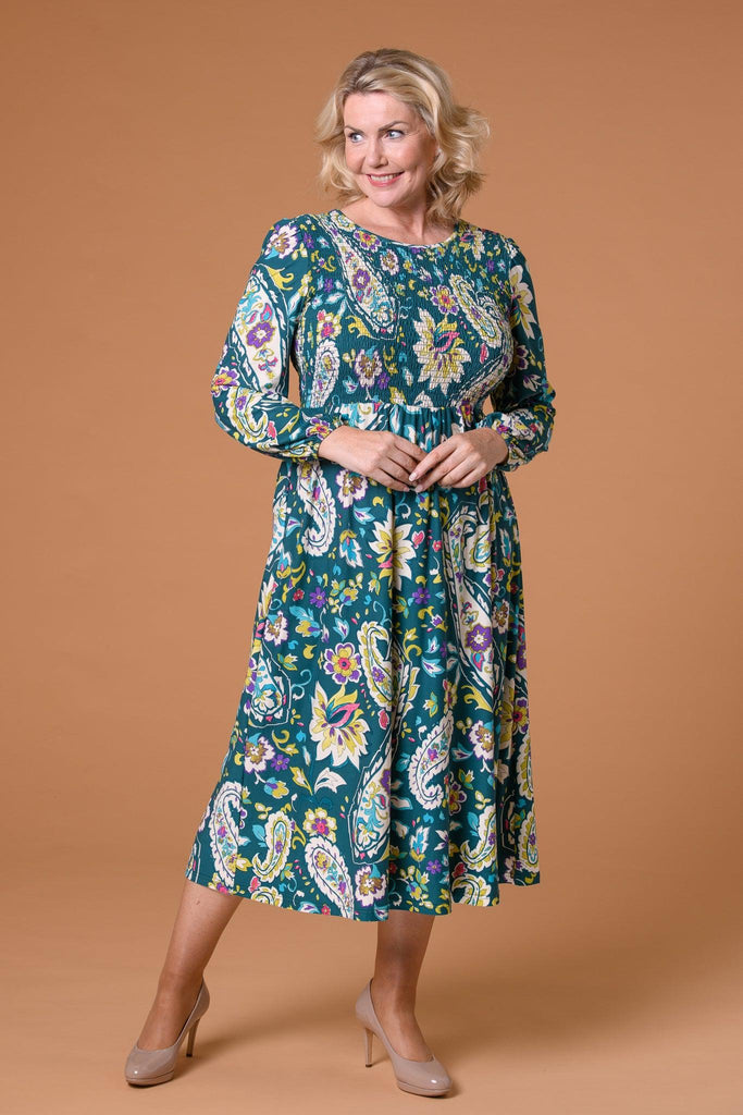 Paisley Shirred Soft Dress in Green-Dresses-Paco