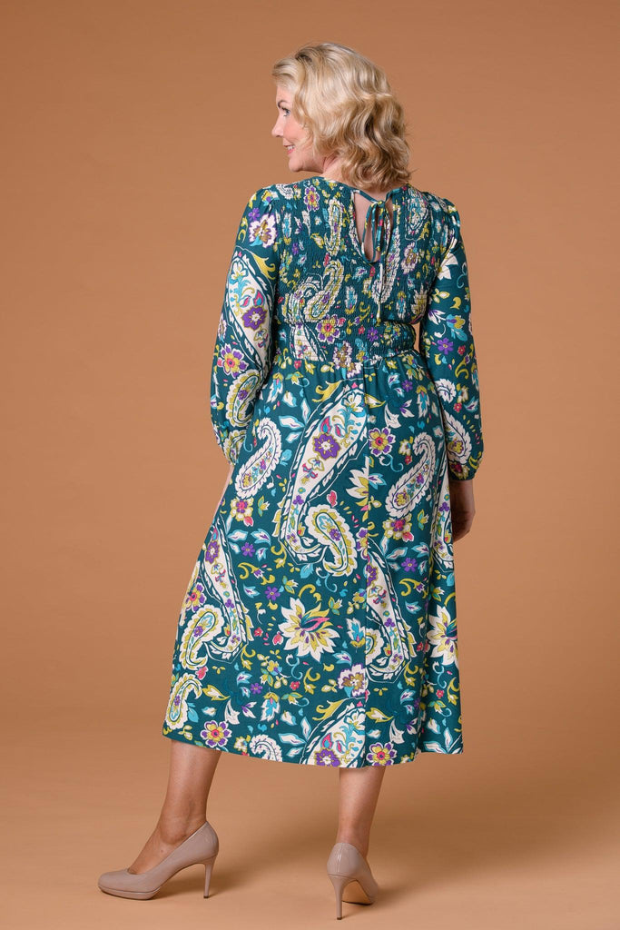 Paisley Shirred Soft Dress in Green-Dresses-Paco