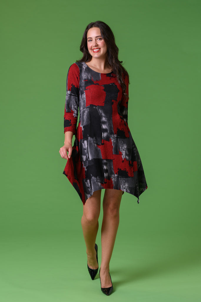 Patchwork Pocket Dip Hem Dress D172676 RED/BLACK-Dresses-Paco