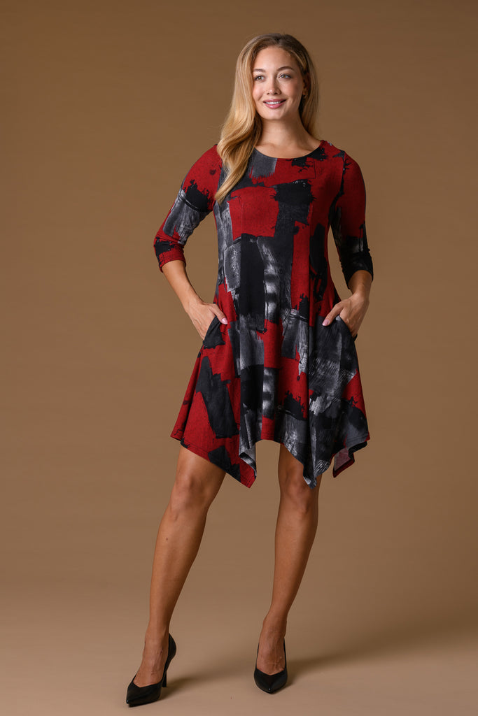 Patchwork Pocket Dip Hem Dress D172676 RED/BLACK-Dresses-Paco