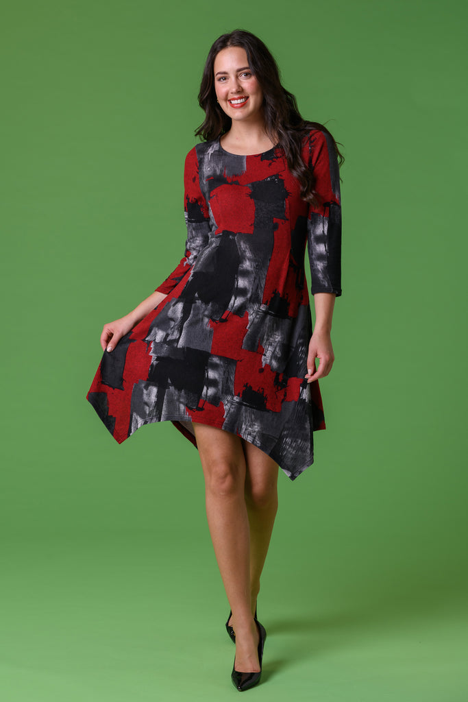 Patchwork Pocket Dip Hem Dress D172676 RED/BLACK-Dresses-Paco