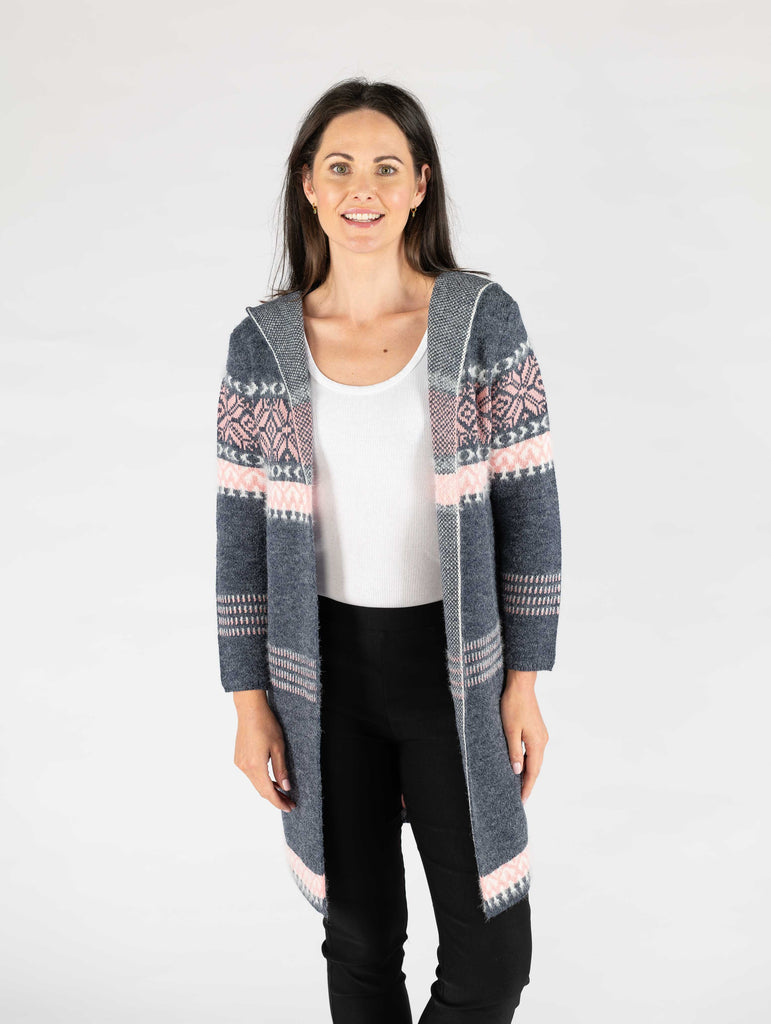 Pattern edge to edge cardigan with hood Navy/Pink-Cardigans-Paco