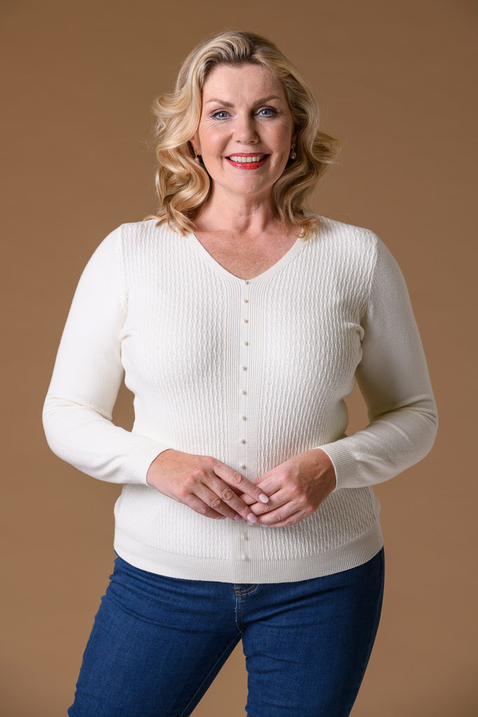 Pearl Front Rib Sweater - Cream-Knitwear-Paco
