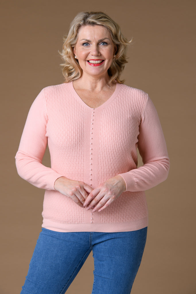 Pearl Front Rib Sweater- Pink-Knitwear-Paco