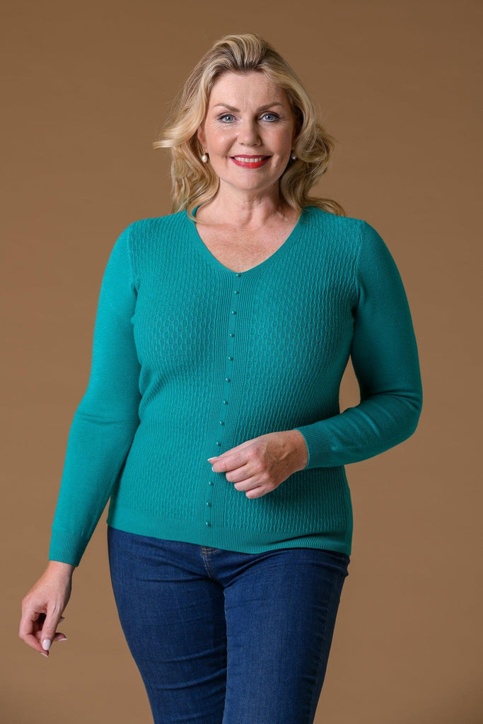 Pearl Front Rib Sweater - Teal-Knitwear-Paco