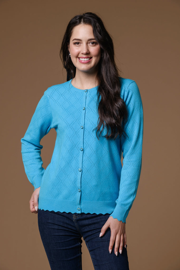 Pointelle Scallop Hem Cardi- Blue-Knitwear-Paco