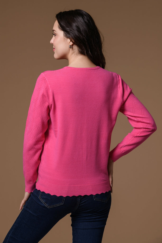 Pointelle Scallop Hem Cardi- Magenta-Knitwear-Paco