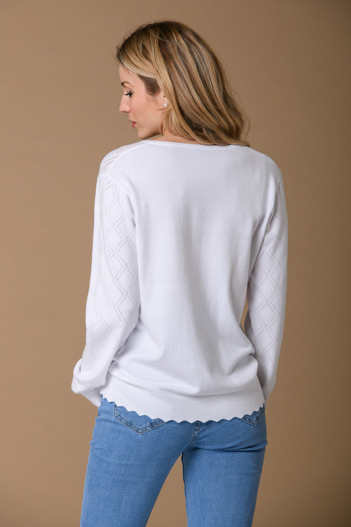 Pointelle Scallop Hem Cardi - White-Knitwear-Paco