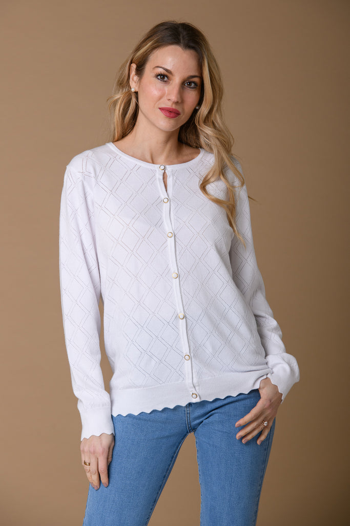 Pointelle Scallop Hem Cardi - White-Knitwear-Paco