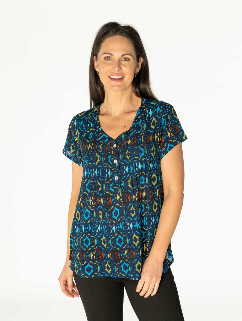 Print Crinkle Top - TO28367 Navy Multi-Tops-Paco