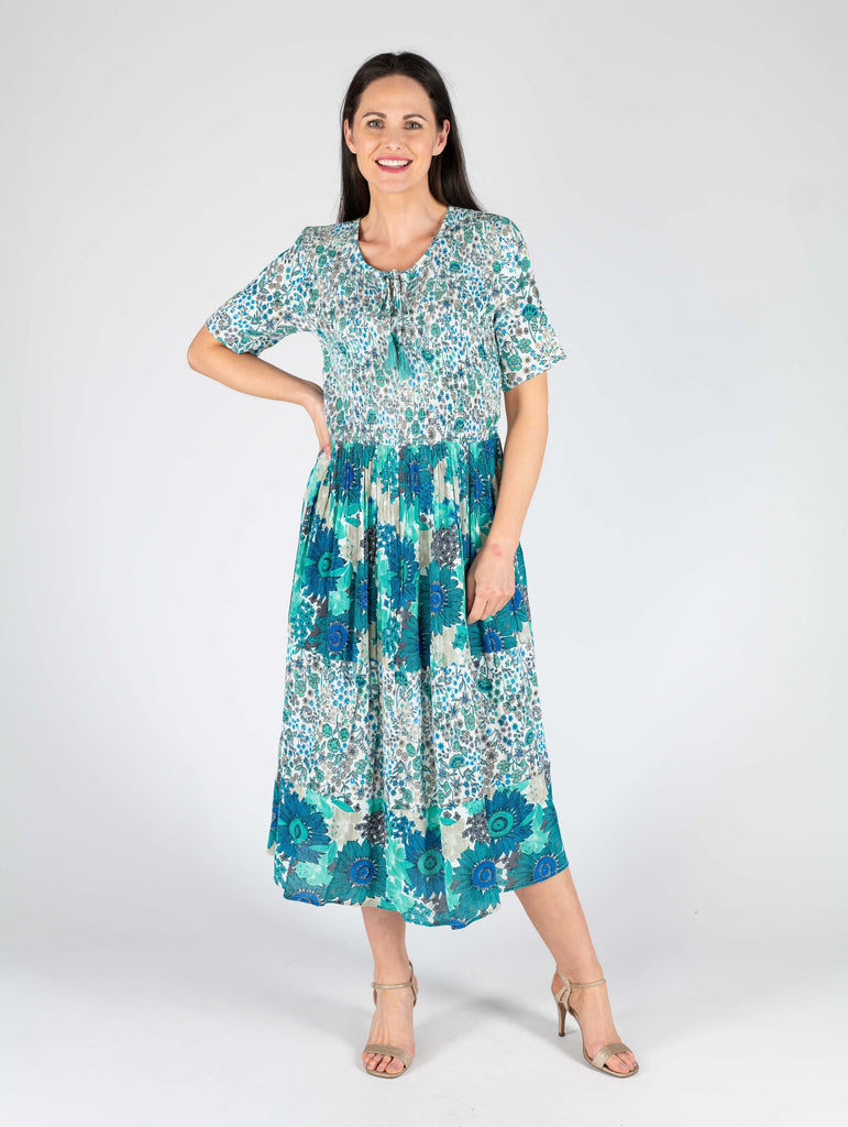 Print Dress Round Neck Short Sleeve - D29909 Mint Multi-Dresses-Paco