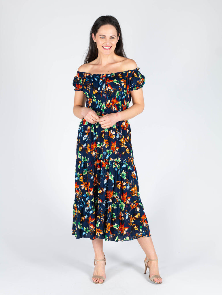 Print Gathered Neckline Cap Sleeve Dress - D29818 Navy-Dresses-Paco