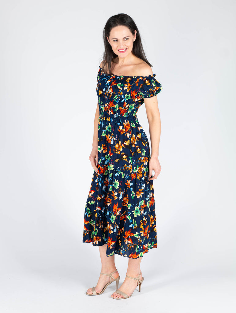Print Gathered Neckline Cap Sleeve Dress - D29818 Navy-Dresses-Paco