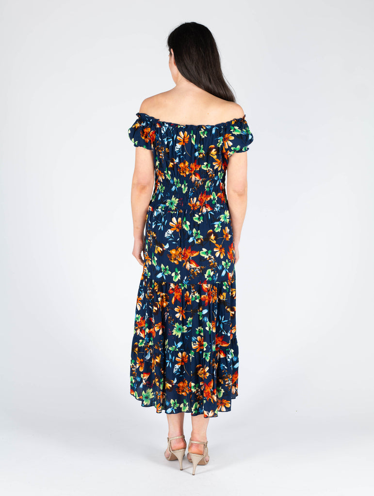 Print Gathered Neckline Cap Sleeve Dress - D29818 Navy-Dresses-Paco