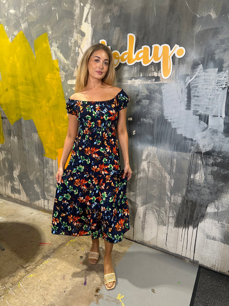 Print Gathered Neckline Cap Sleeve Dress - D29818 Navy-Dresses-Paco