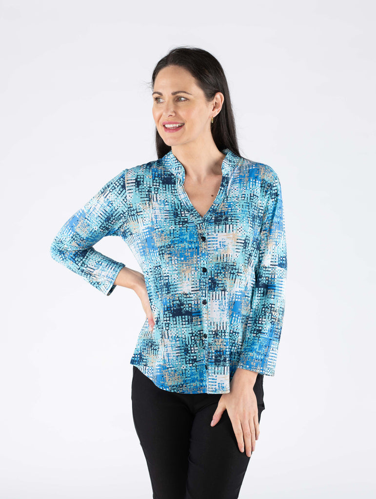 Print Top With Button Placket - Turq - TO29958-Tops-Paco