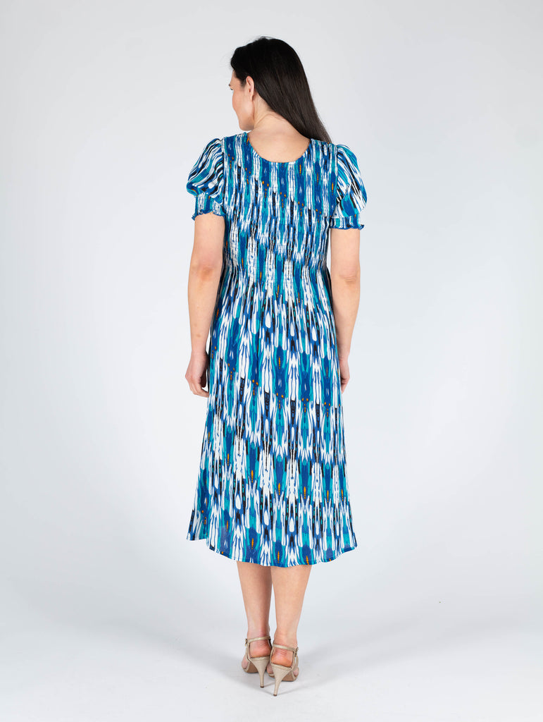 Printed Round Neck Crinkle Dress - D29903 Turq-Dresses-Paco