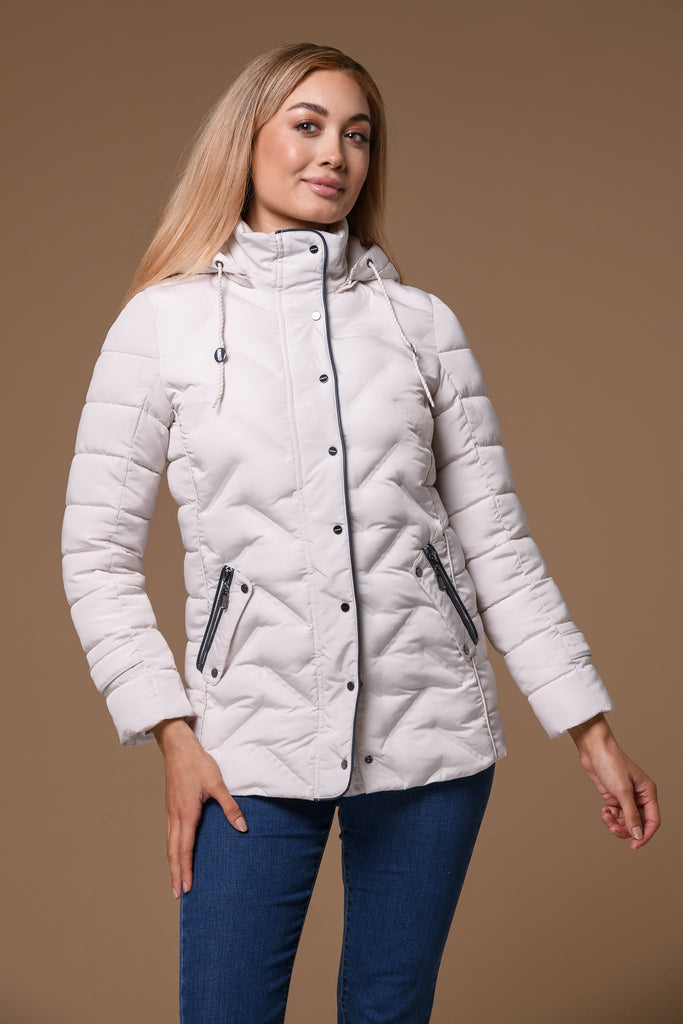 Quilted Leather Trim Jacket -Cream-Jackets-Paco