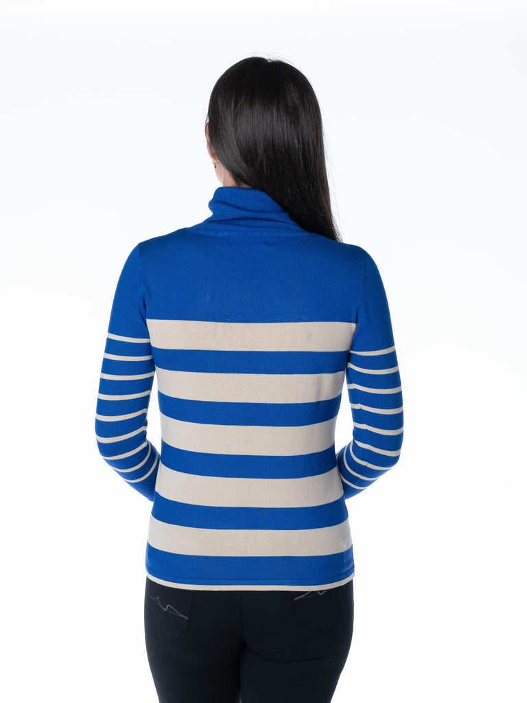 ROLL NECK STRIPED JUMPER 3/4 SLEEVE COBALT IVORY JU303205-Knitwear-Paco