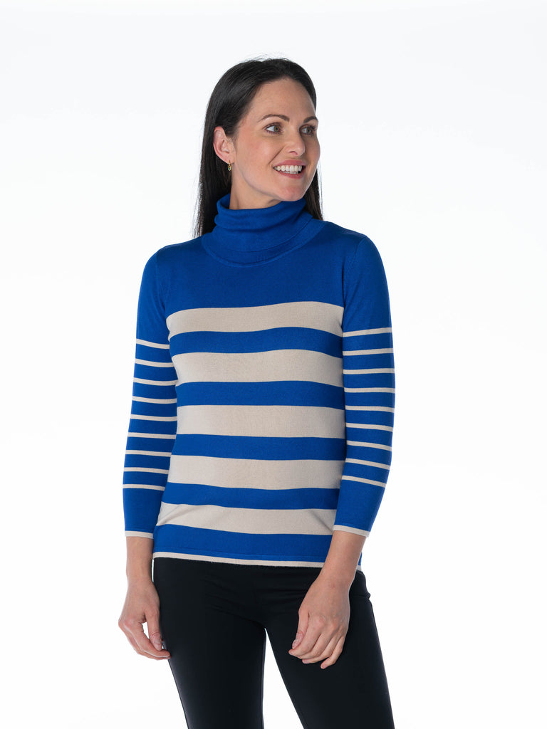 ROLL NECK STRIPED JUMPER 3/4 SLEEVE COBALT IVORY JU303205-Knitwear-Paco