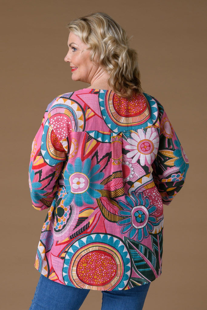 Retro Print Loose Top - Pink-Casualwear-Paco