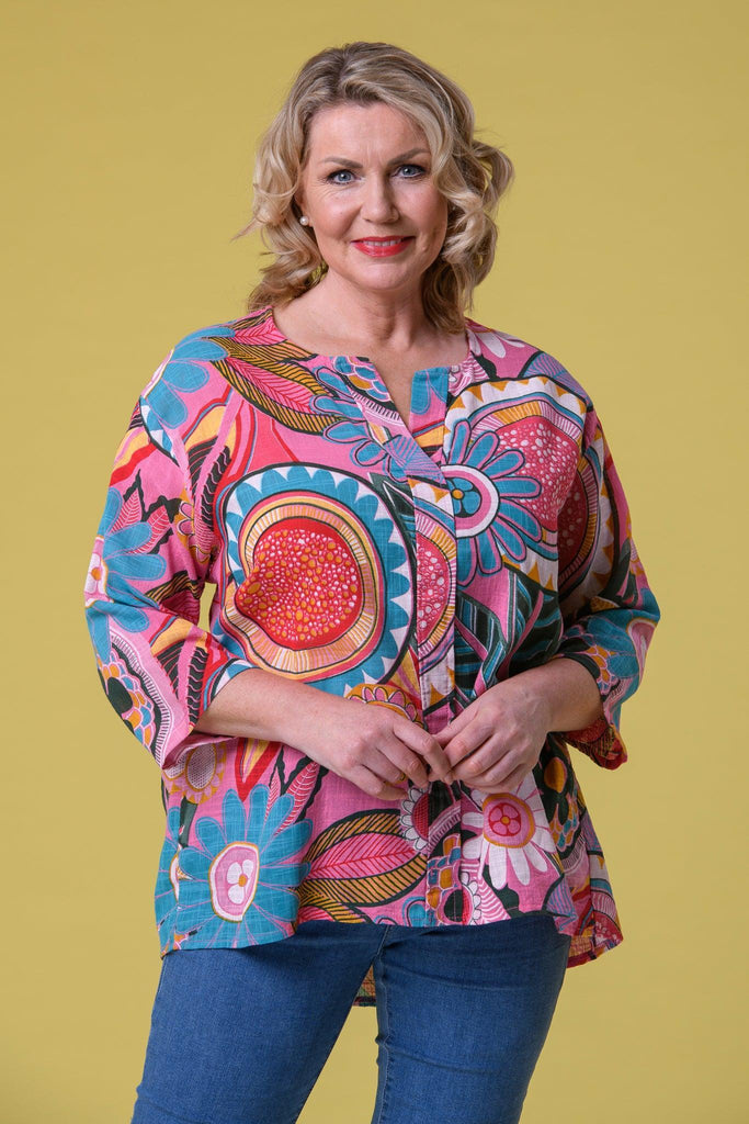 Retro Print Loose Top - Pink-Casualwear-Paco