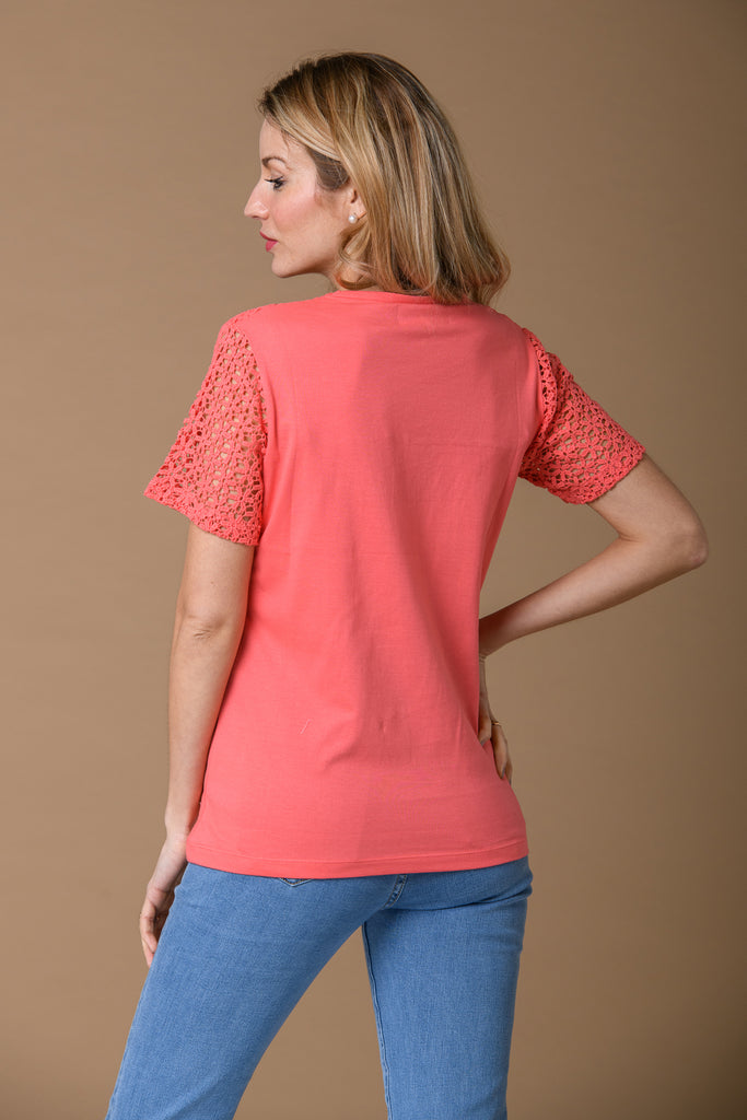Round Neck Lace T Shirt - Coral-Basics-Paco