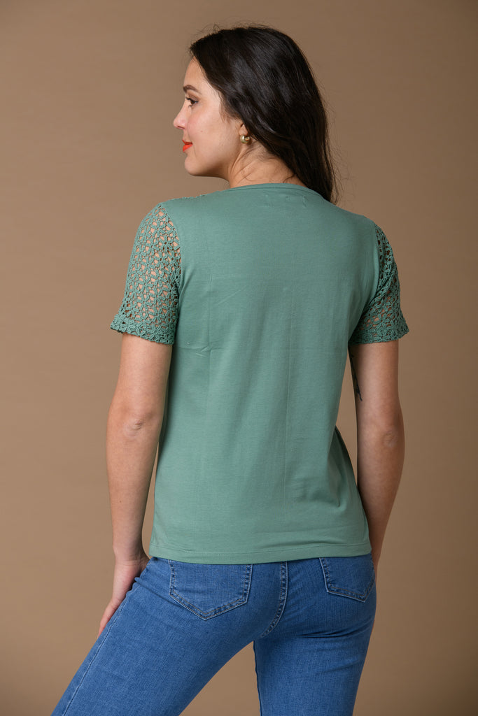 Round Neck Lace T Shirt - Olive-Basics-Paco