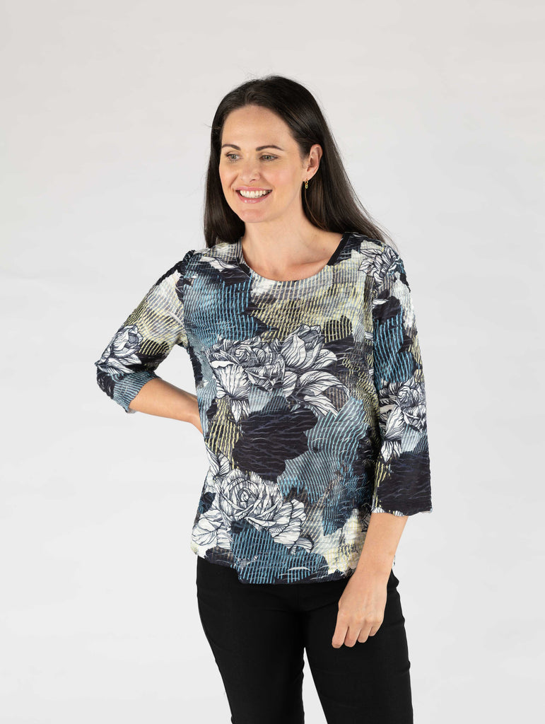 Ruffle Effect Fabric floral print top-Tops-Paco