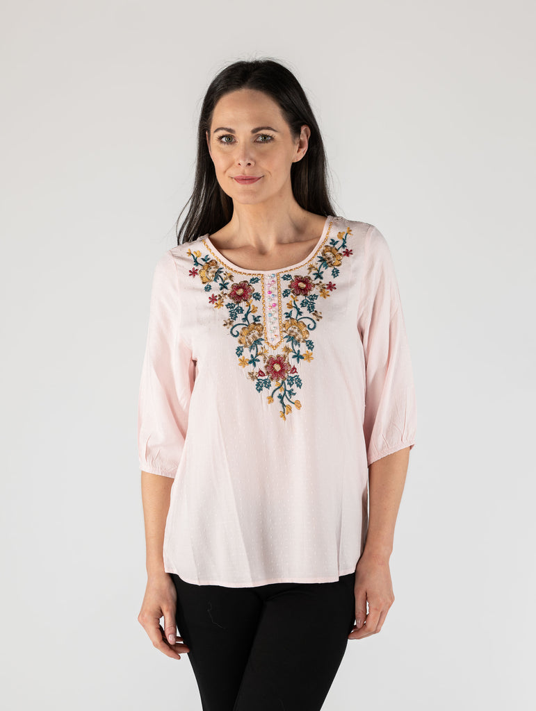 Schiffly Tunic With Floral Embroidery - TU29932 Pink-Tops-Paco