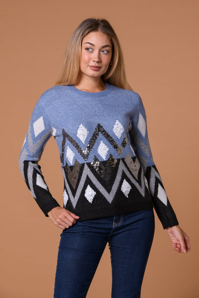 Sequin Fairisle Knit Blue-Knitwear-Paco