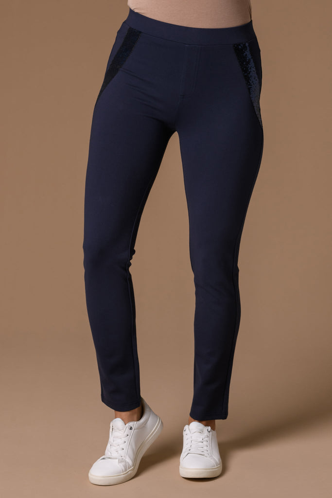 Sequin Pocket Jeggings-Navy-Trousers-Paco