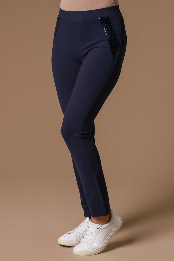 Sequin Pocket Jeggings-Navy-Trousers-Paco