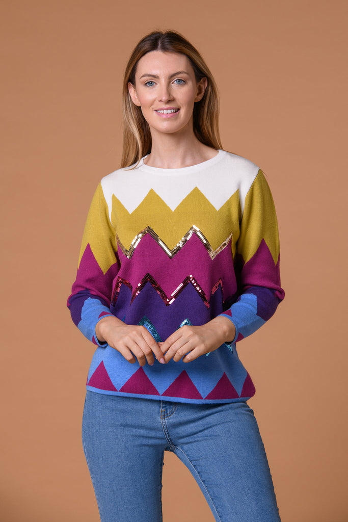 Sequin Zig Zag Sweater Purple/Green-Knitwear-Paco