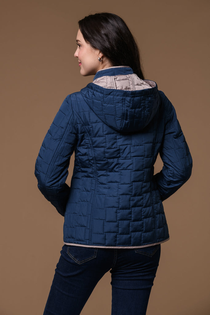 Square Quilt Hooded Jacket-Navy-Jackets-Paco