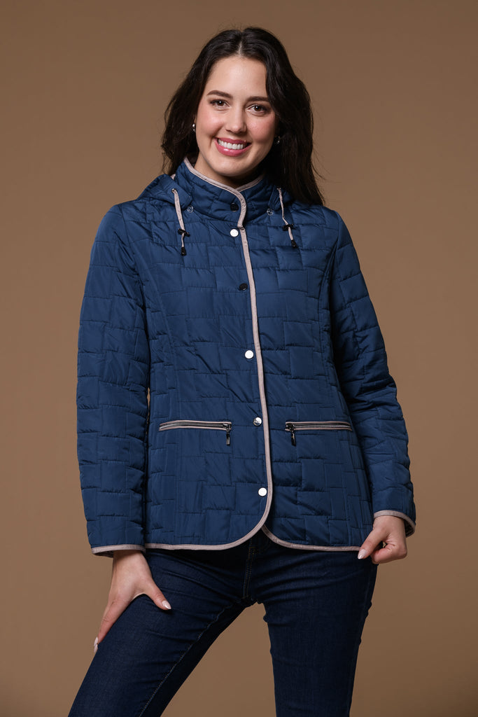 Square Quilt Hooded Jacket-Navy-Jackets-Paco