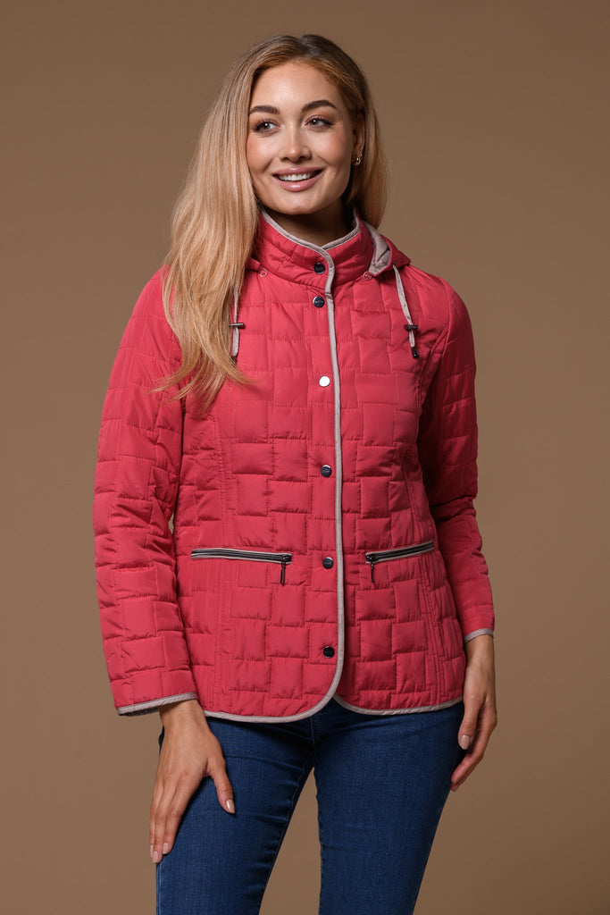 Square Quilt Hooded Jacket-Red-Jackets-Paco