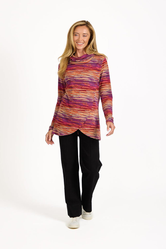Staggered Print Cowl Neck Top BLUE SU-25MF-681-Tops-Paco