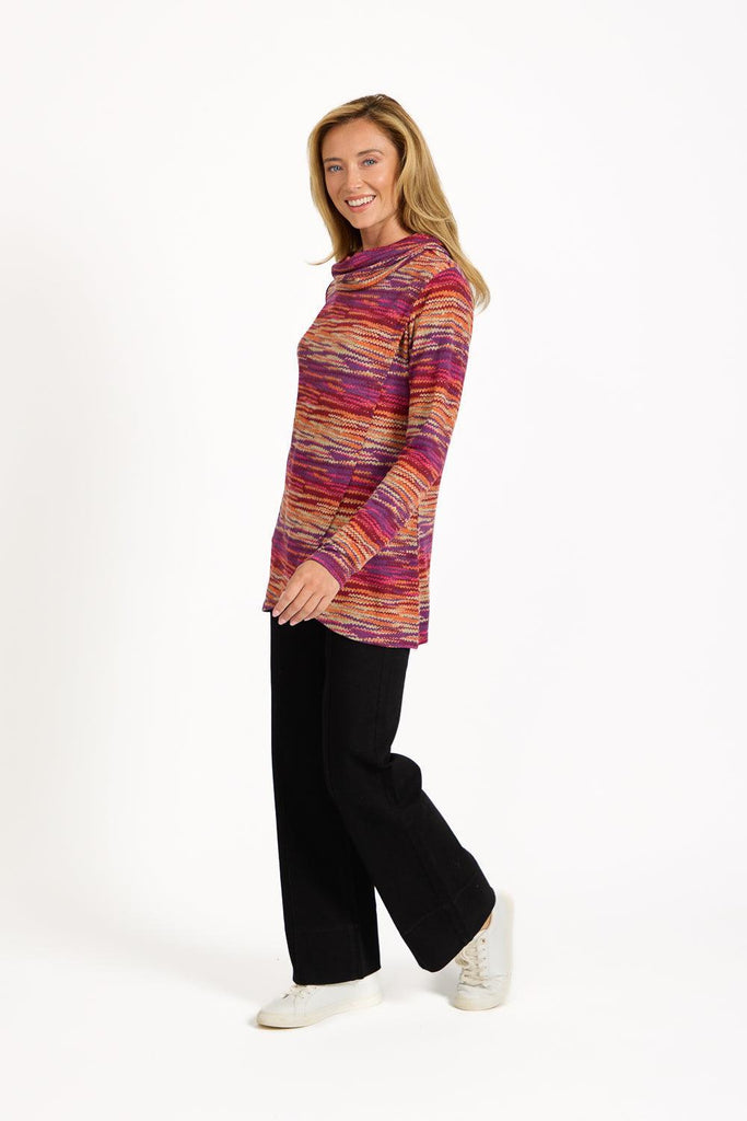 Staggered Print Cowl Neck Top BLUE SU-25MF-681-Tops-Paco