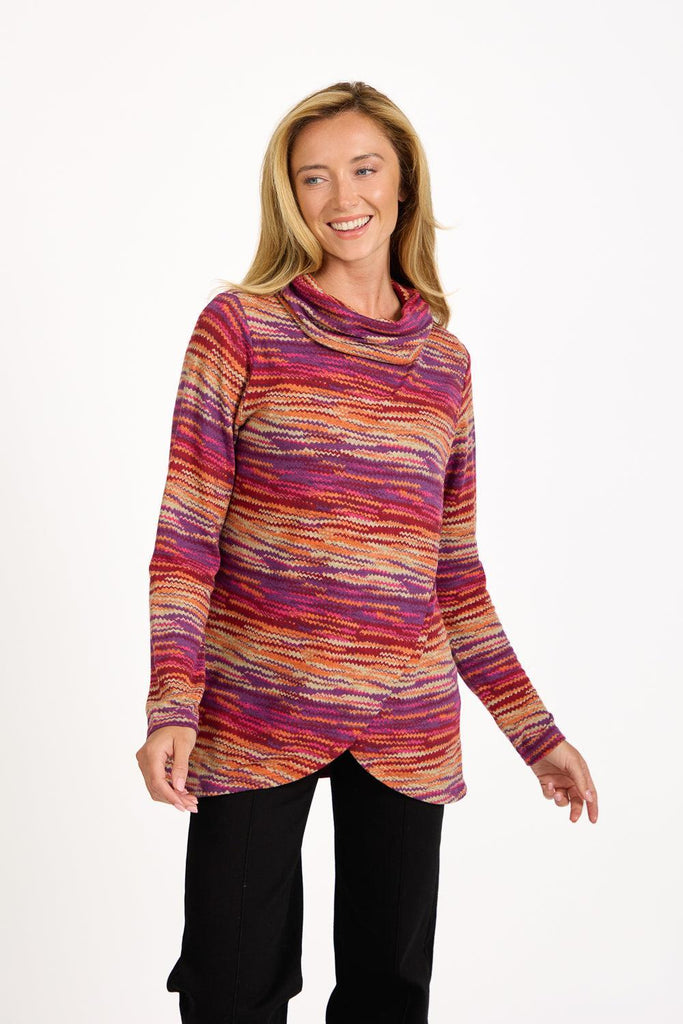 Staggered Print Cowl Neck Top BLUE SU-25MF-681-Tops-Paco