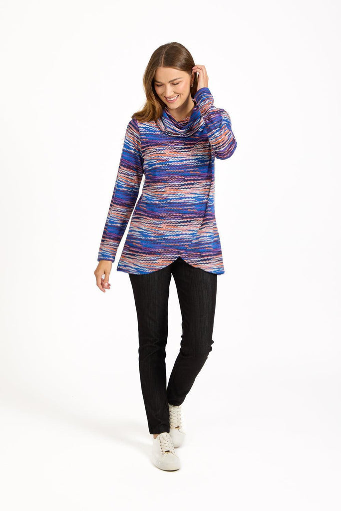 Staggered Print Cowl Neck Top ORANGE-Tops-Paco