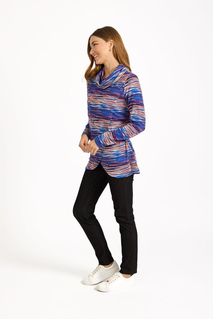 Staggered Print Cowl Neck Top ORANGE-Tops-Paco