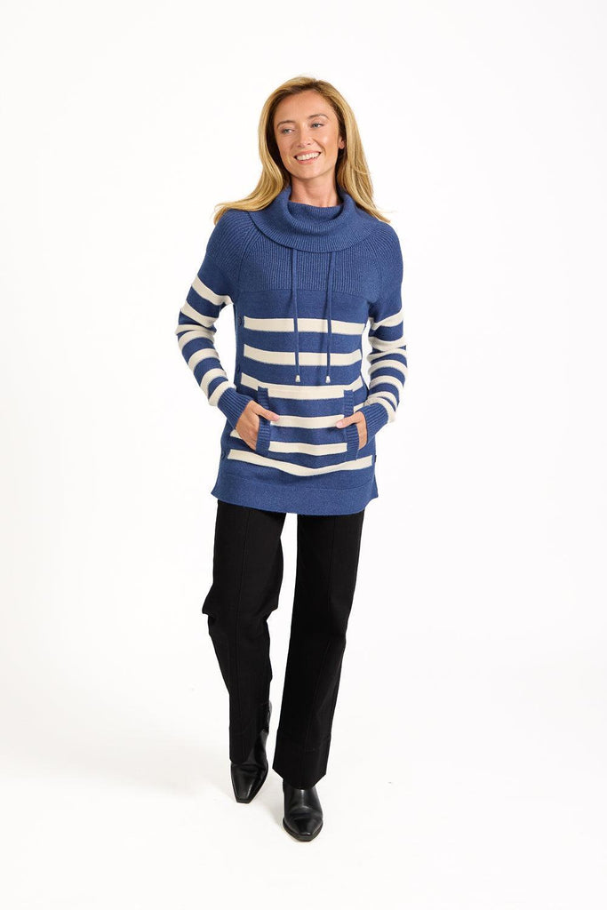 Stripe Knit Cowl Neck Jumper DENIM SU-25MF-663-Knitwear-Paco