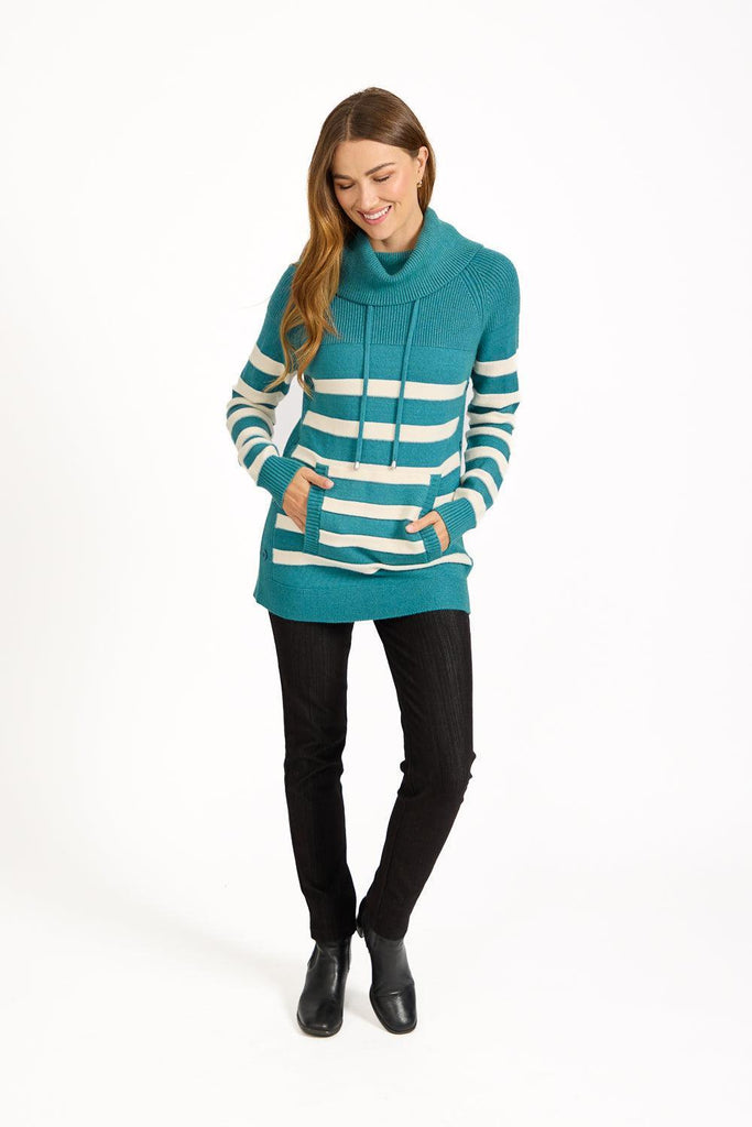 Stripe Knit Cowl Neck Jumper TEAL SU-25MF-663-Knitwear-Paco