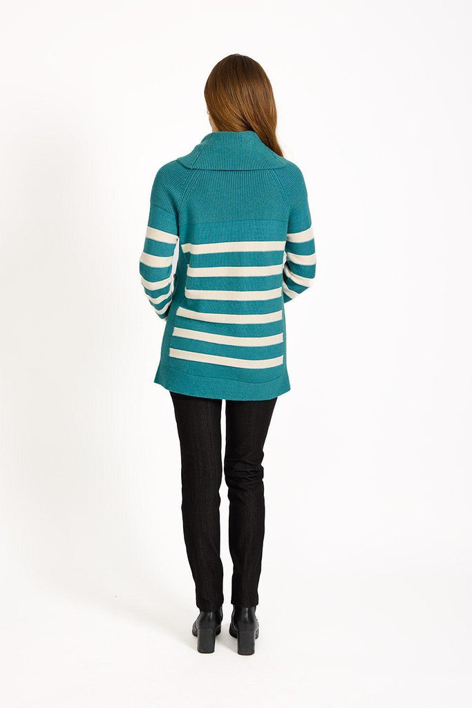Stripe Knit Cowl Neck Jumper TEAL SU-25MF-663-Knitwear-Paco