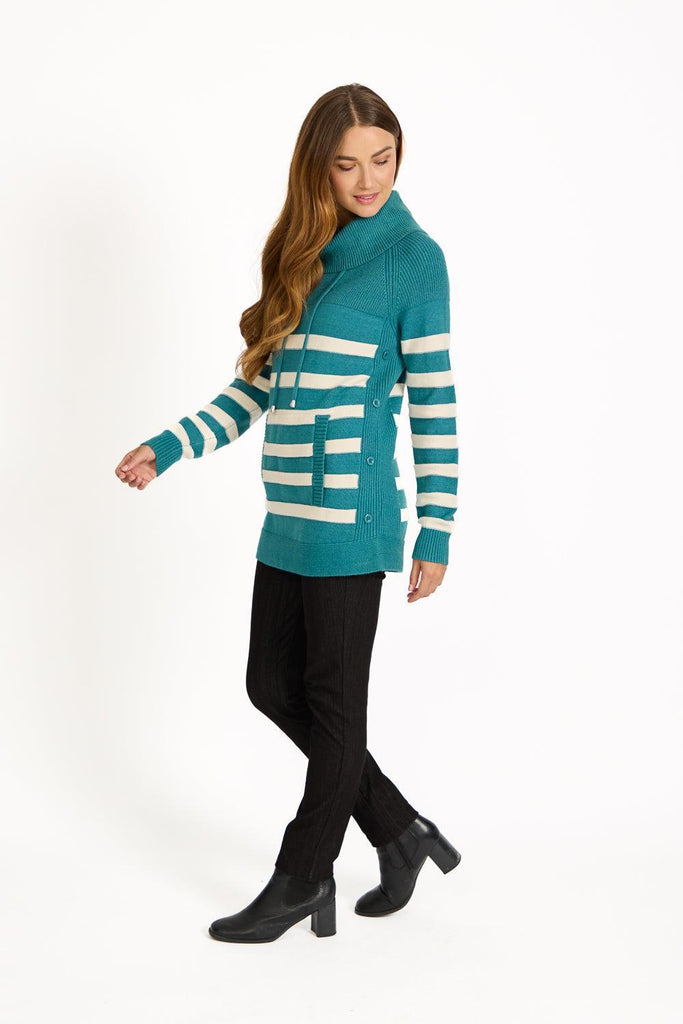 Stripe Knit Cowl Neck Jumper TEAL SU-25MF-663-Knitwear-Paco