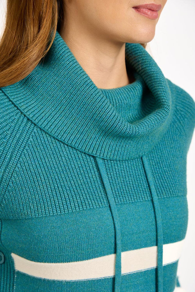 Stripe Knit Cowl Neck Jumper TEAL SU-25MF-663-Knitwear-Paco