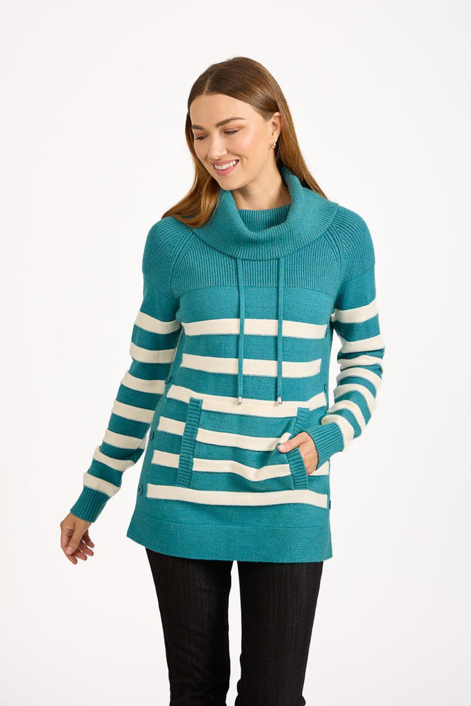 Stripe Knit Cowl Neck Jumper TEAL SU-25MF-663-Knitwear-Paco